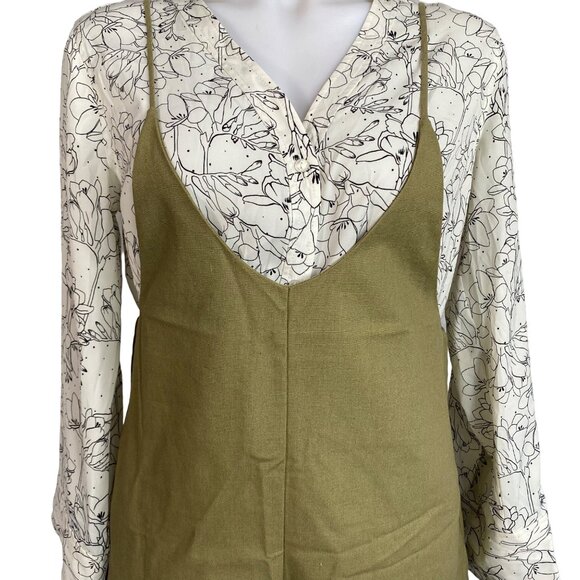 Mod Ref Sage Green Linen Jumpsuit Crop Wide Leg Overalls Womens Relaxed Fit - Picture 2 of 11